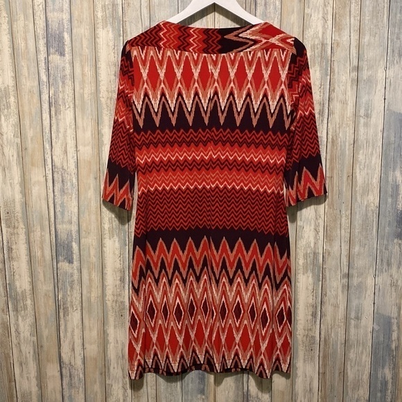 Donna Morgan Dresses | Red Aztec Printed Sheath Dress With a Boat Neck line | 6 - Picture 8 of 9